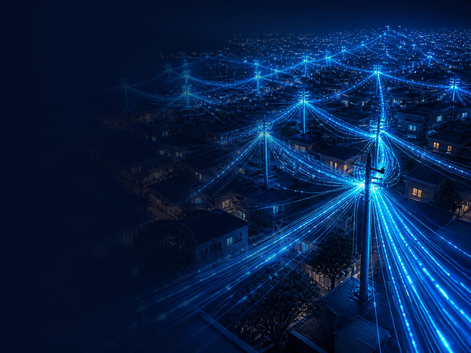 Postes com cabos de fibra óptica iluminados conectando casas em uma cidade à noite